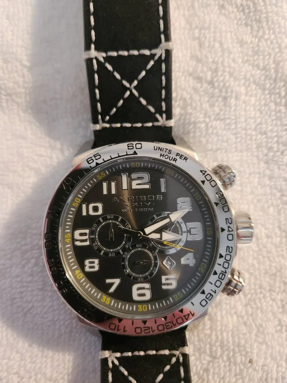 Akribos XXIV Men's AK842SSB Chronograph Black Dial Leather Strap Watch New
